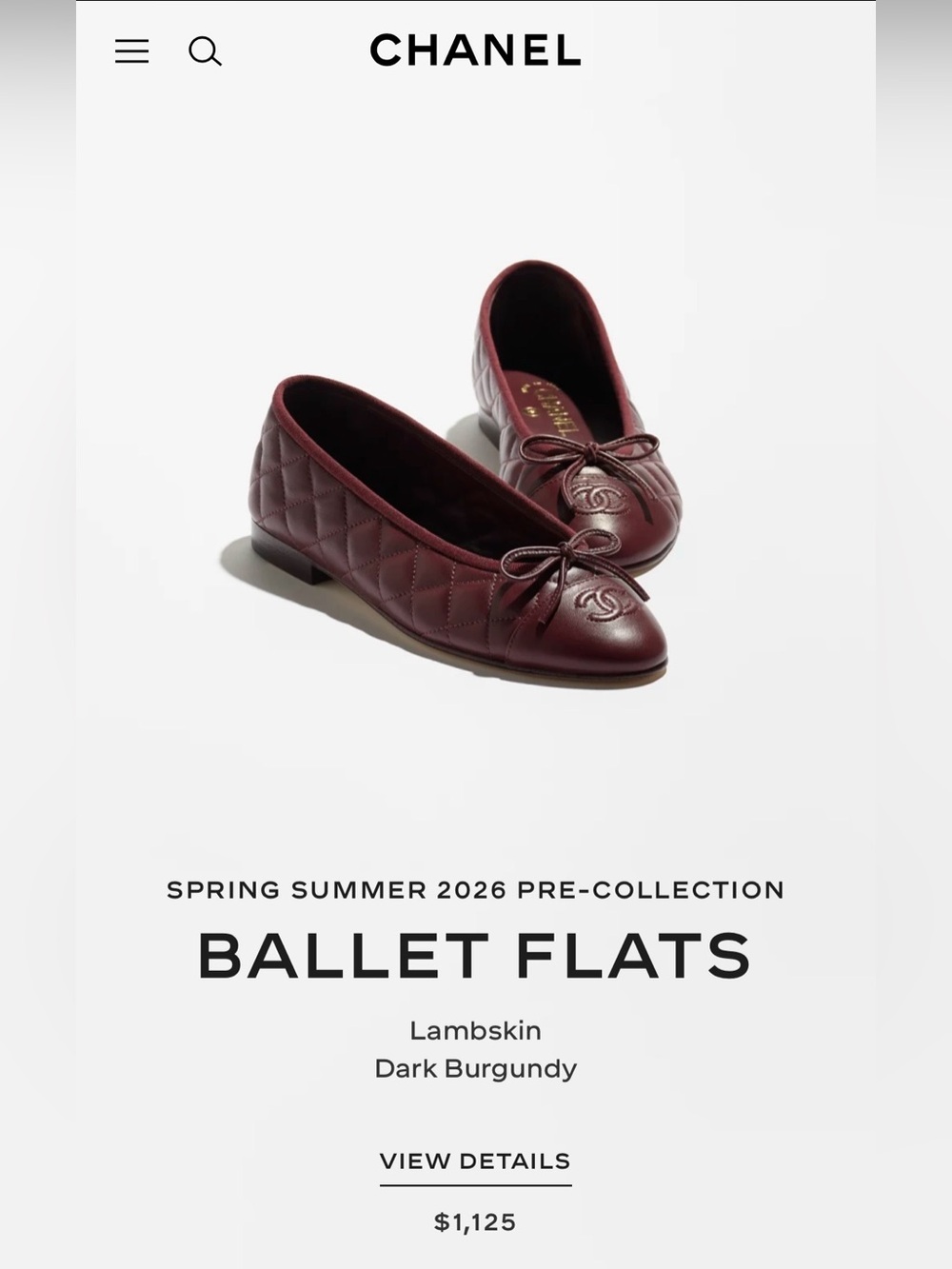 NWT Chanel - SS26 Ballerina, quilted burgundy calfskin, size 37 (US7).
